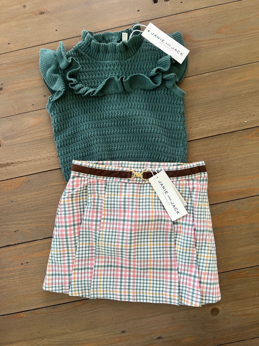 NWT Janie and Jack Pink Green Plaid Skirt with Yellow Accents